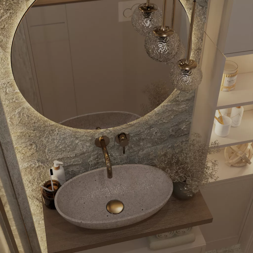 Nowoczesne wnętrze łazienki z naturalnymi materiałami i eleganckim wykończeniem