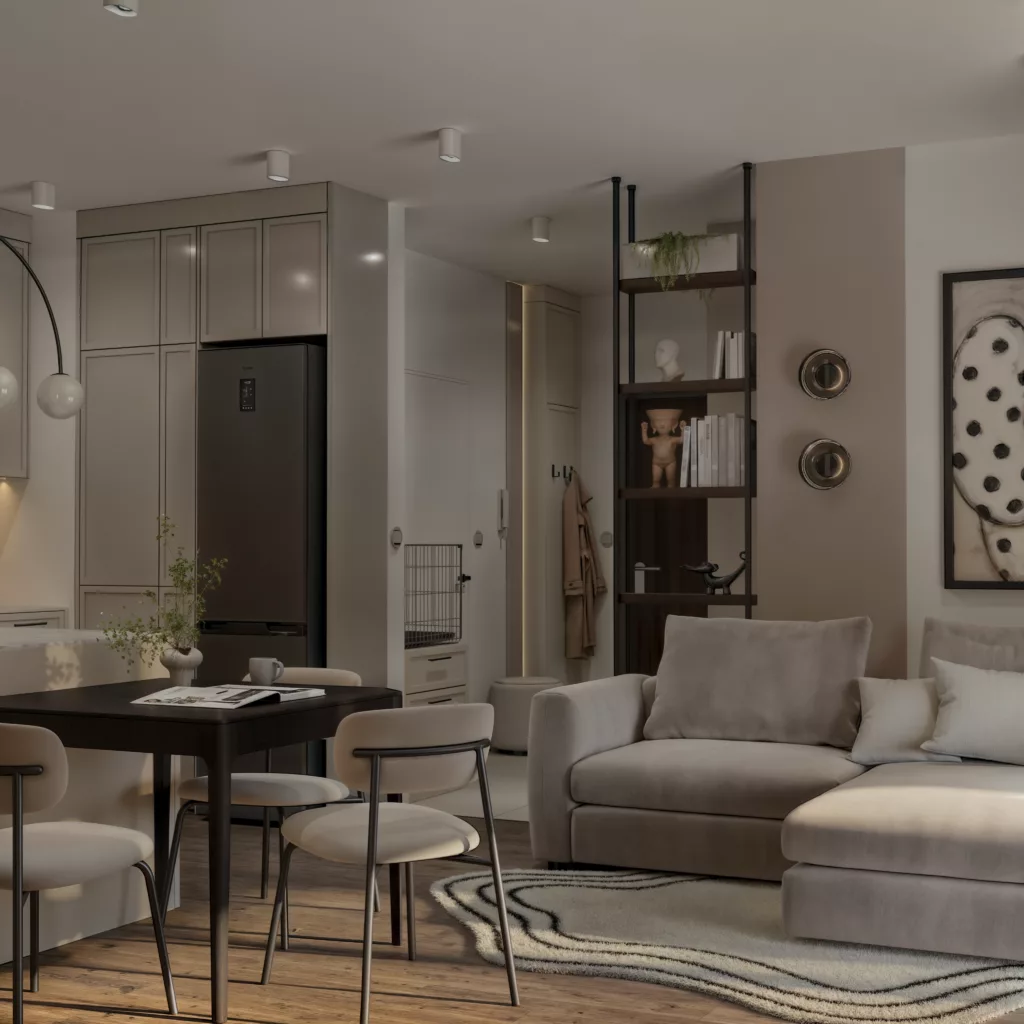 Nowoczesny salon z subtelnymi detalami i eleganckim wykończeniem